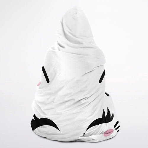White plush cat-shaped bean bag chair with black whiskers and pink nose details for girls cute cat hooded wearable blanket