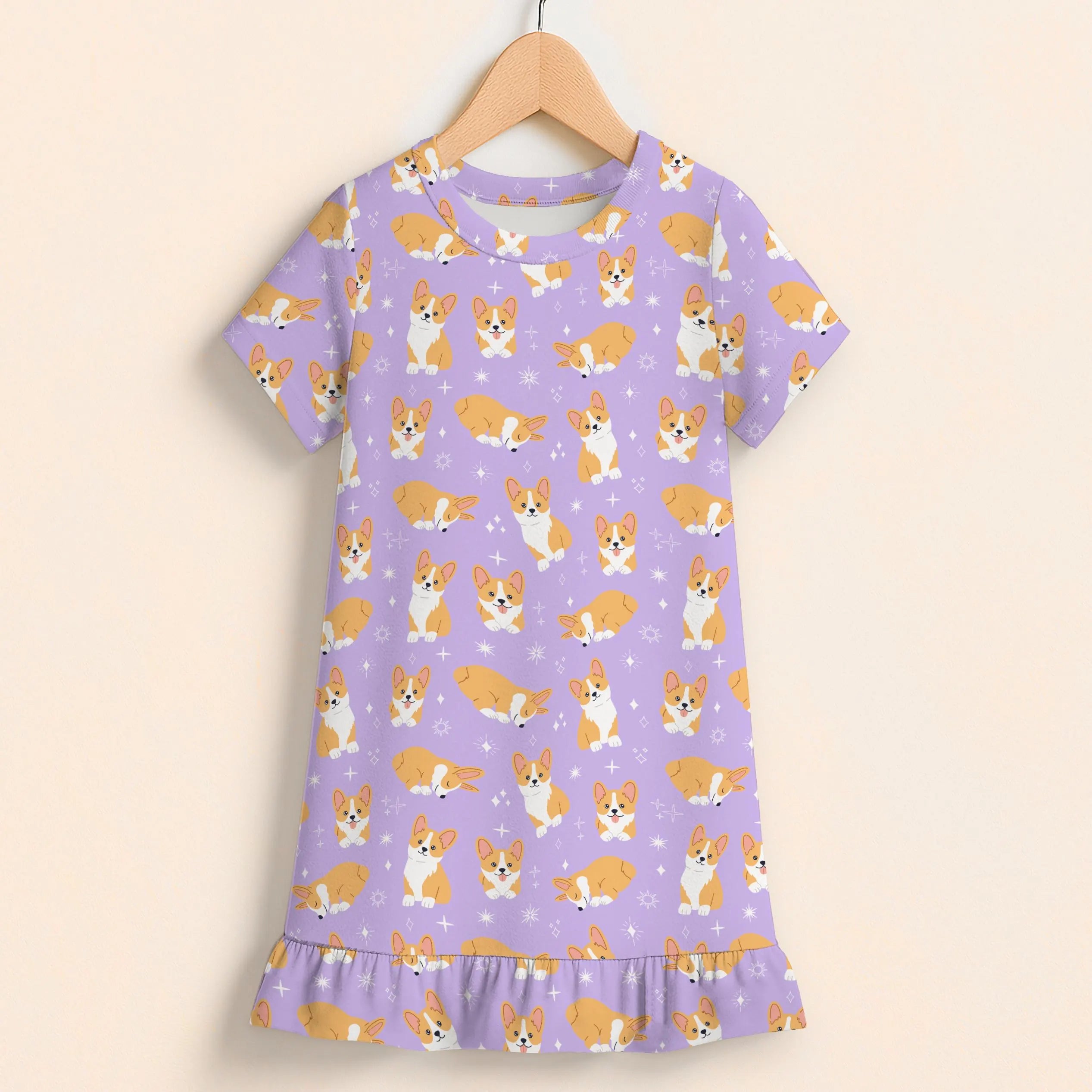 Girls Purple Corgi Short Sleeve Ruffle Hem Dress