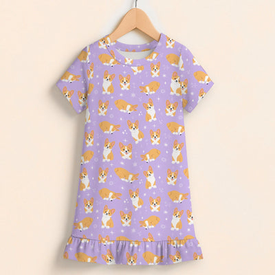 Girls Purple Corgi Short Sleeve Ruffle Hem Dress