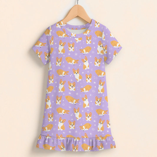 Girls Purple Corgi Short Sleeve Ruffle Hem Dress