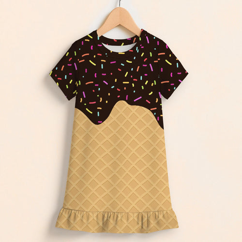 Girls chocolate ice cream cone short sleeve dress with black sprinkle top and tan waffle cone ruffle hem skirt