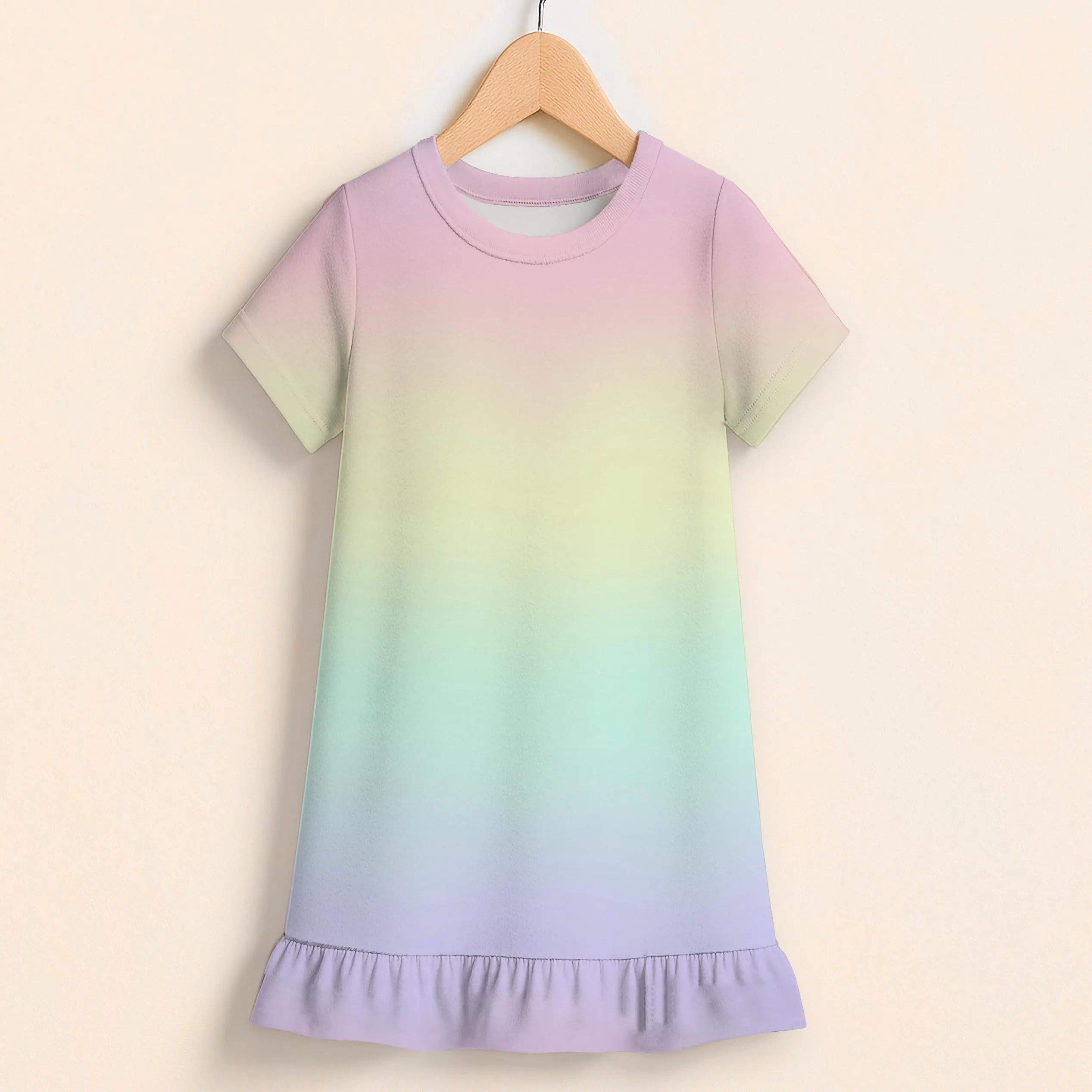 Girls Pastel Rainbow Short Sleeve Ruffle Hem Dress