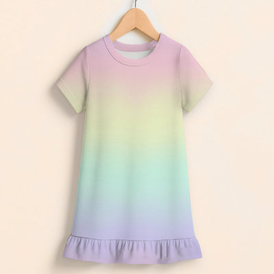 Girls Pastel Rainbow Short Sleeve Ruffle Hem Dress