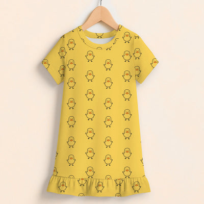 Girls Yellow Rubber Duck Short Sleeve Ruffle Hem Dress