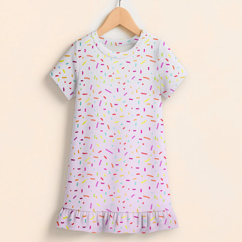 A soft lavender girls nightgown with short sleeves ruffle hem and multicolored sprinkle pattern