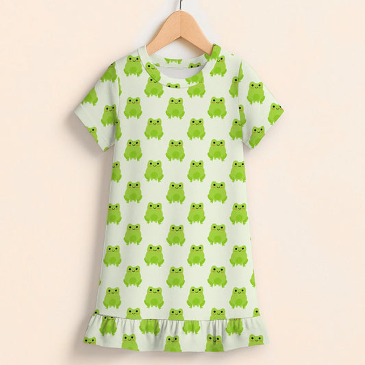 Girls Green Frog Short Sleeve Ruffle Hem Dress