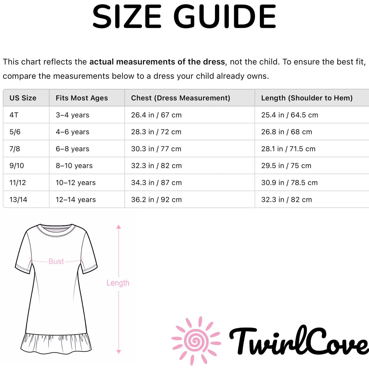 Size guide for Girls Rainbow Hearts & Sprinkles Short Sleeve Ruffle Hem Dress