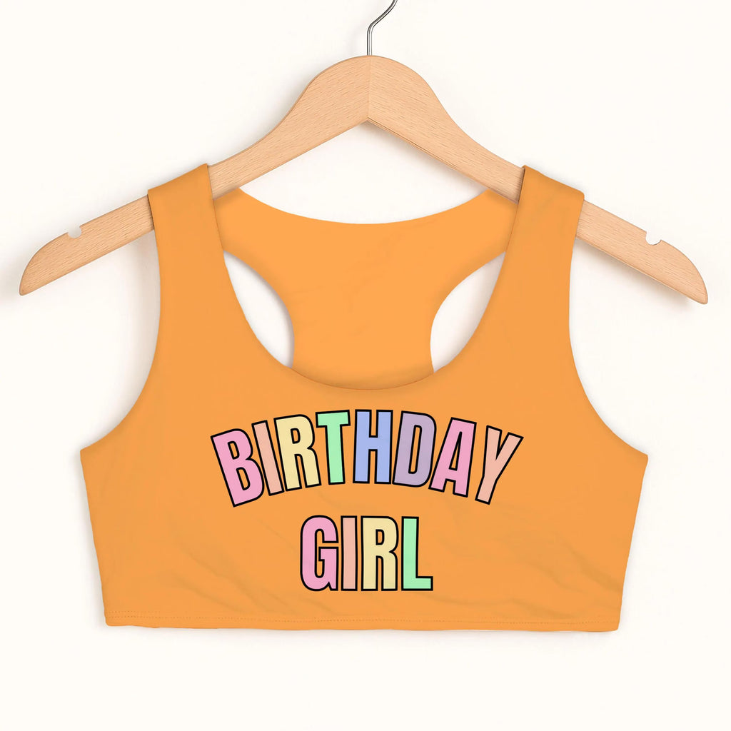 Birthday Girl Pastel Rainbow Font Sports Bra - Quick Drying, Double Layered Comfort