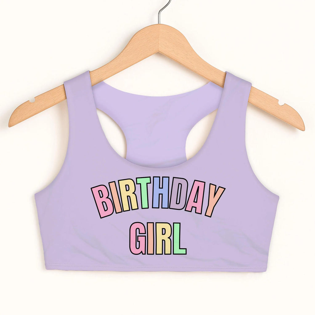 Birthday Girl Pastel Rainbow Font Sports Bra - Quick Drying, Double Layered Comfort
