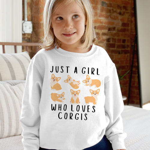 White long-sleeved sweatshirt with black text and orange corgi illustrations for girls who love corgis