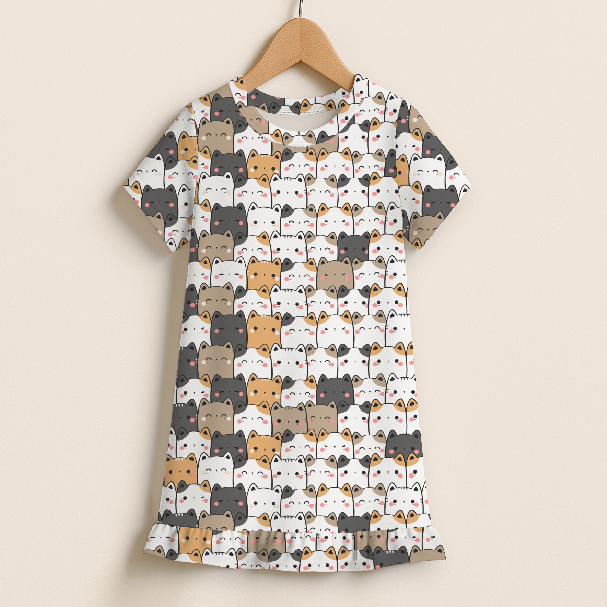 Girls Kawaii Cats Short Sleeve Ruffle Hem Dress