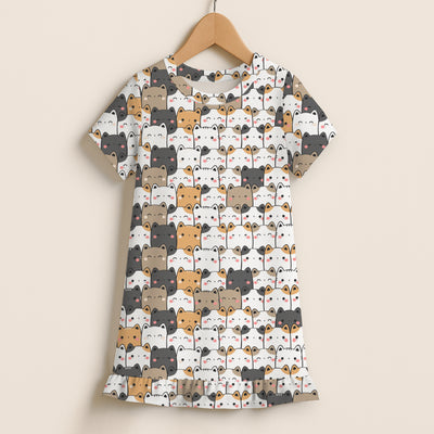 Girls Kawaii Cats Short Sleeve Ruffle Hem Dress