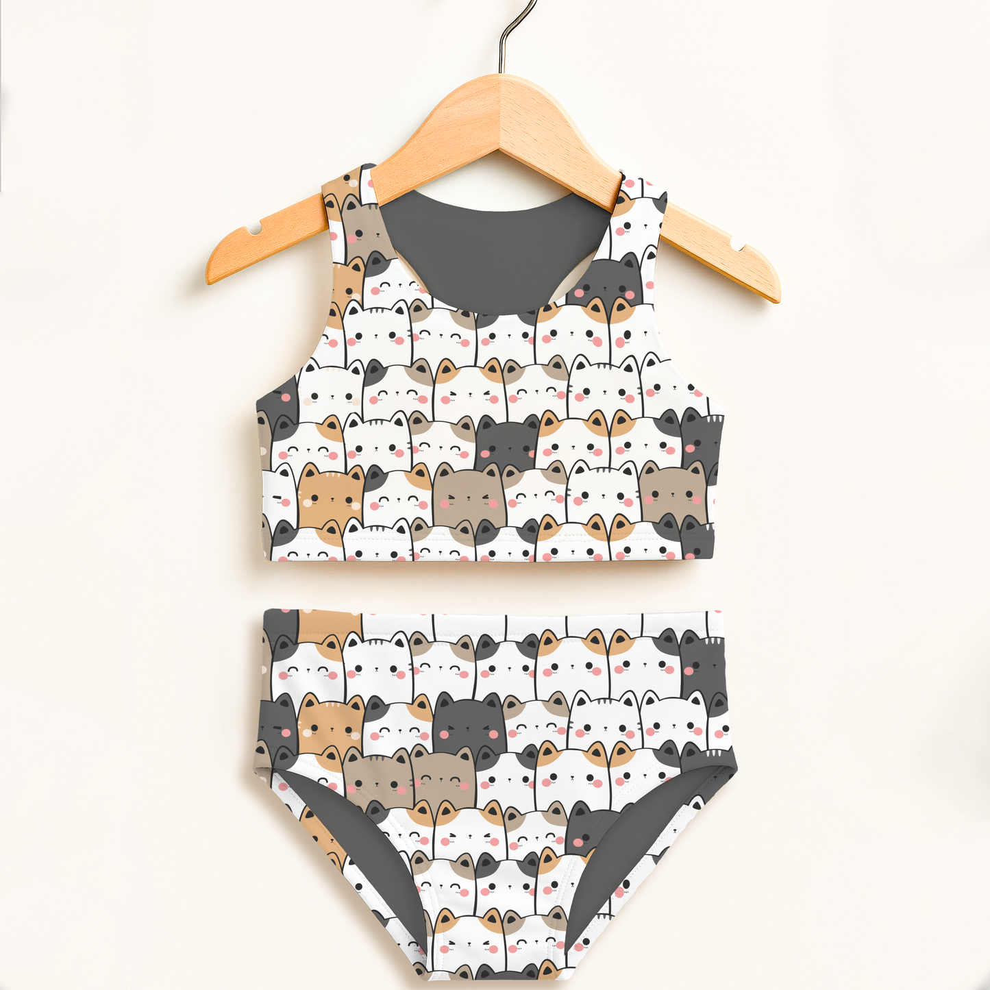Girls Kawaii Cat Face Two Piece Swimsuit – High Waisted, Double Layered Comfort