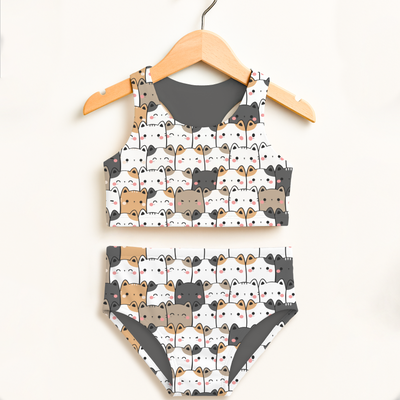 Girls Kawaii Cat Face Two Piece Swimsuit – Double Layered UPF 50+ High Waisted Comfort