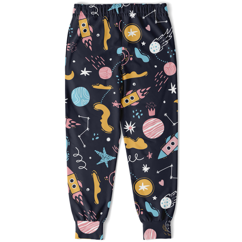 Kids outer space jogger pants in dark blue with colorful cartoon rockets planets and stars for everyday comfort