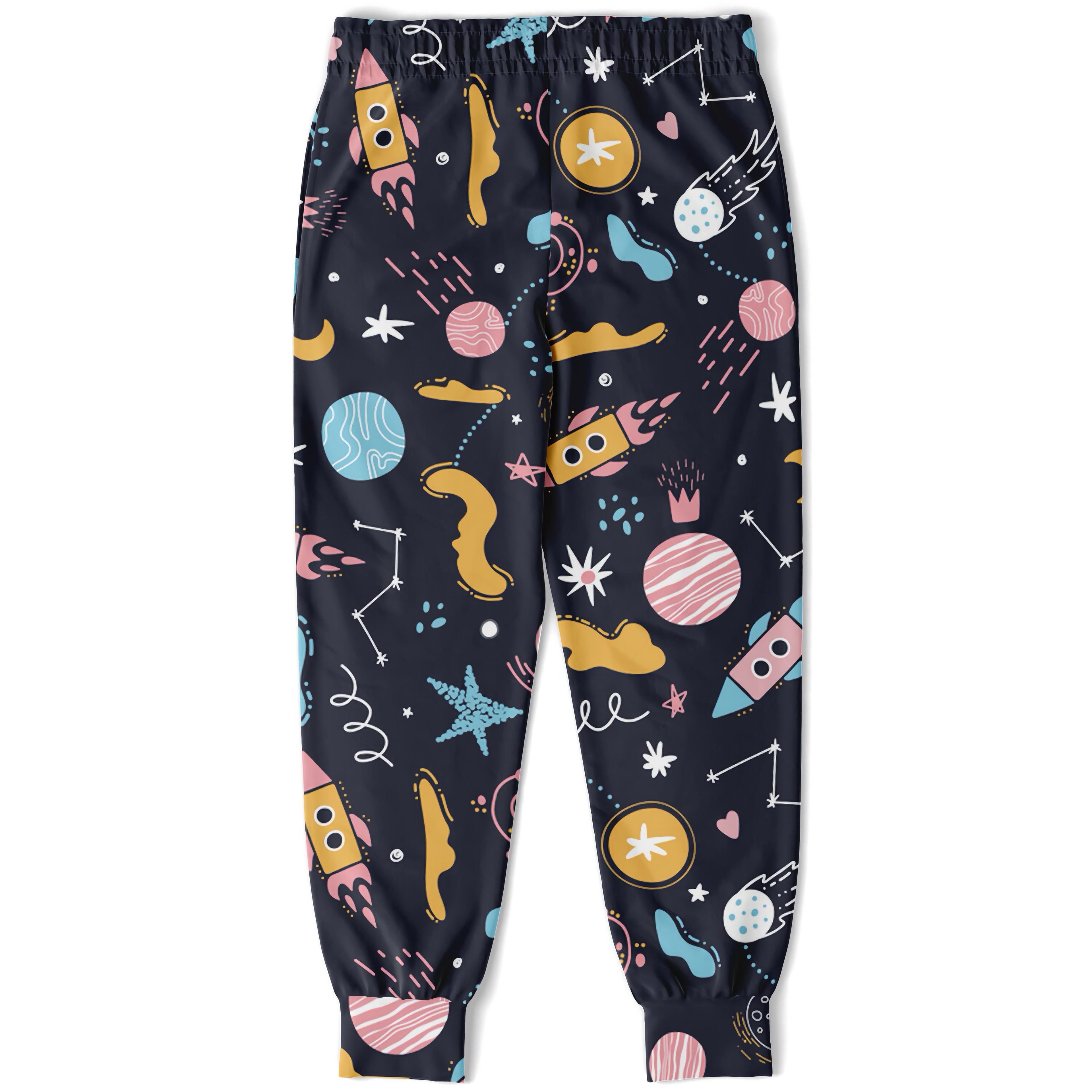 Kids outer space jogger pants in dark blue with colorful cartoon rockets planets and stars for everyday comfort