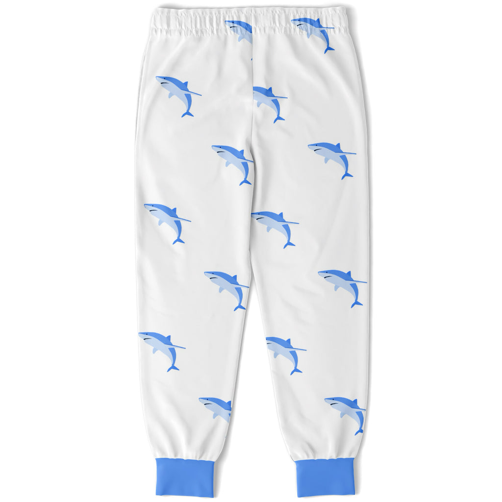 Kids shark jogger pants white cotton joggers with blue shark pattern and solid blue cuffs for casual wear