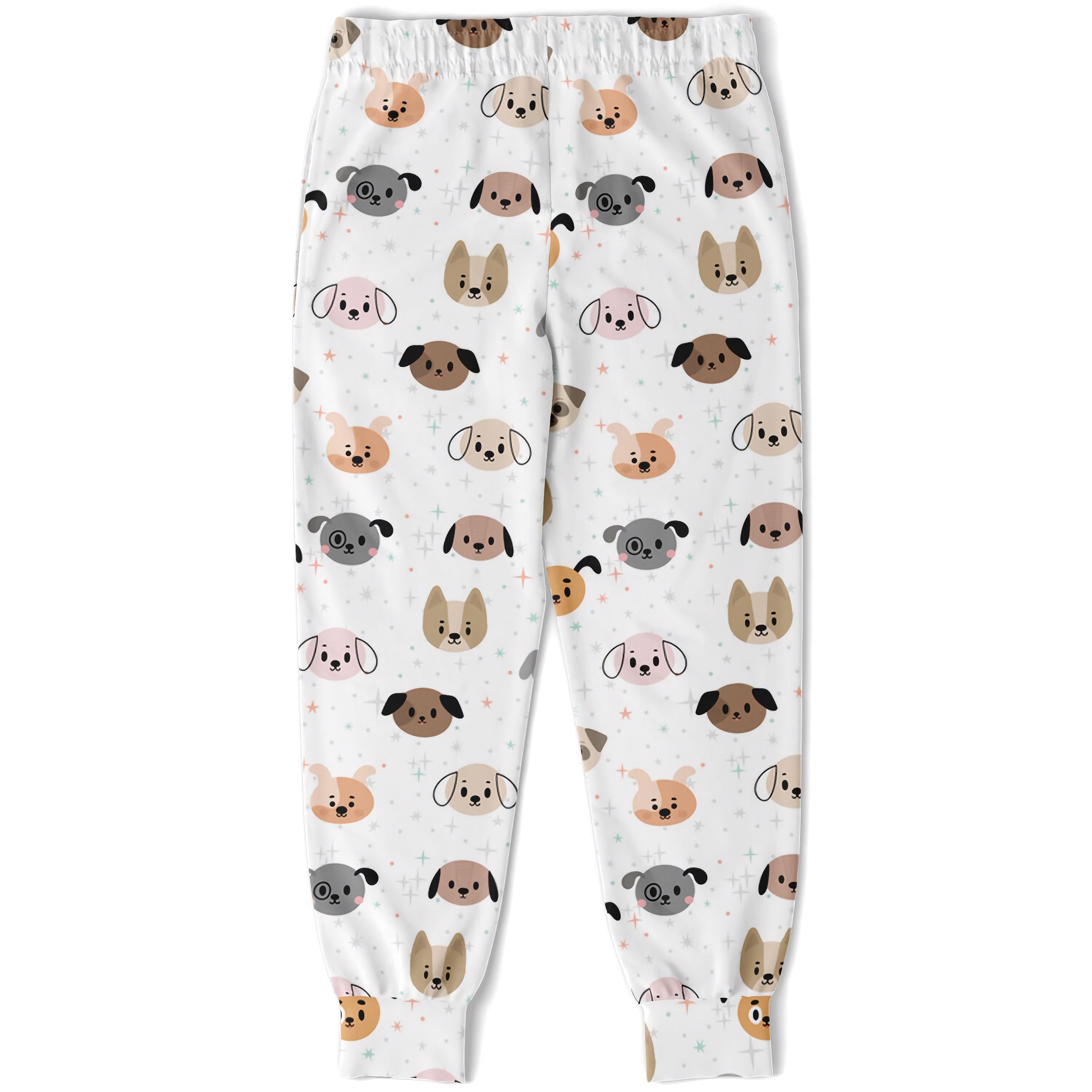 Kids dog face jogger pants in white featuring a playful cartoon dog pattern in beige brown and gray tones