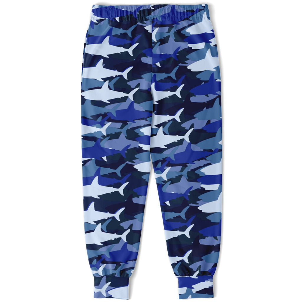 Kids blue shark jogger pants featuring blue and white shark camouflage print perfect for casual wear
