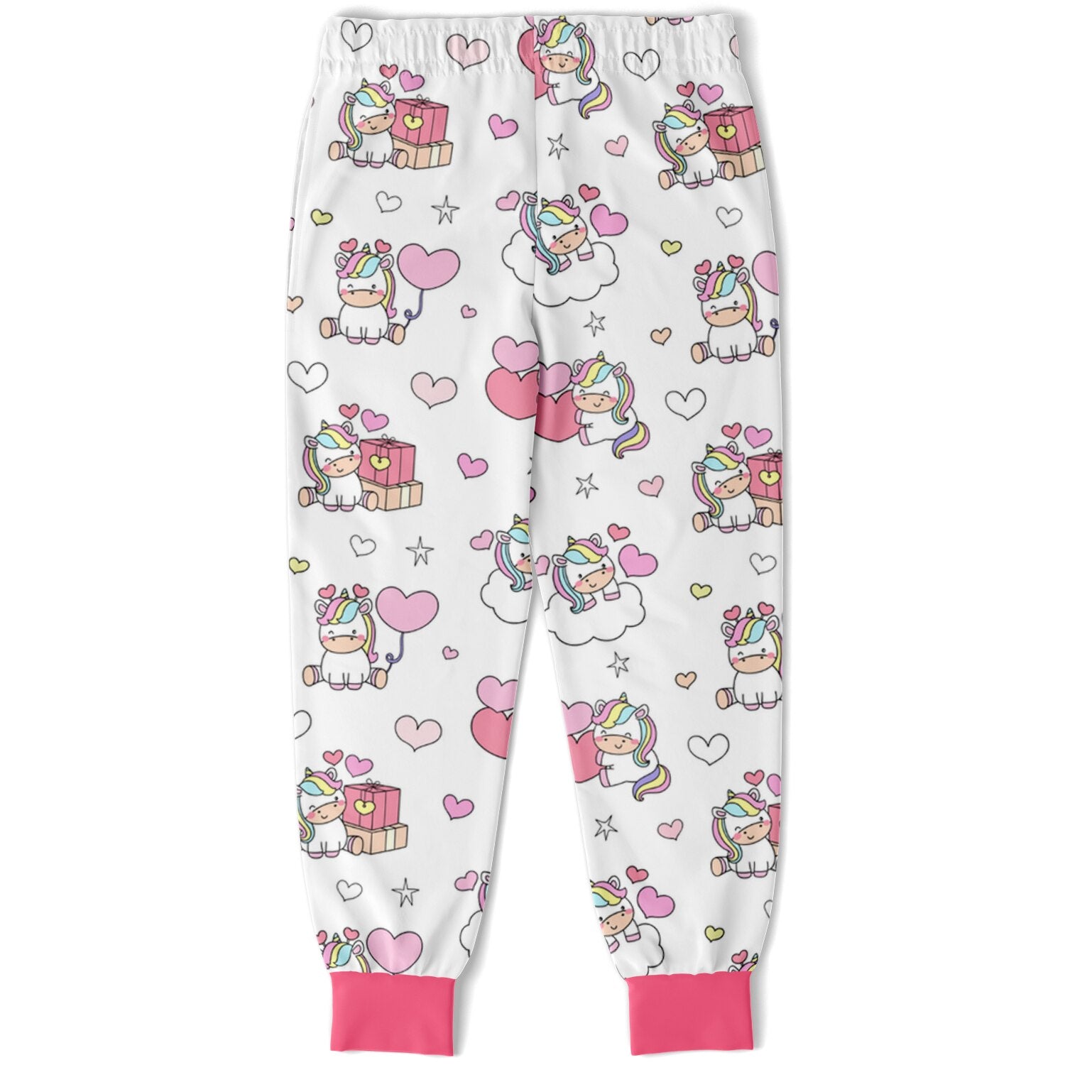 Girls unicorn birthday jogger pants white with playful unicorn heart pattern and bright pink cuffs
