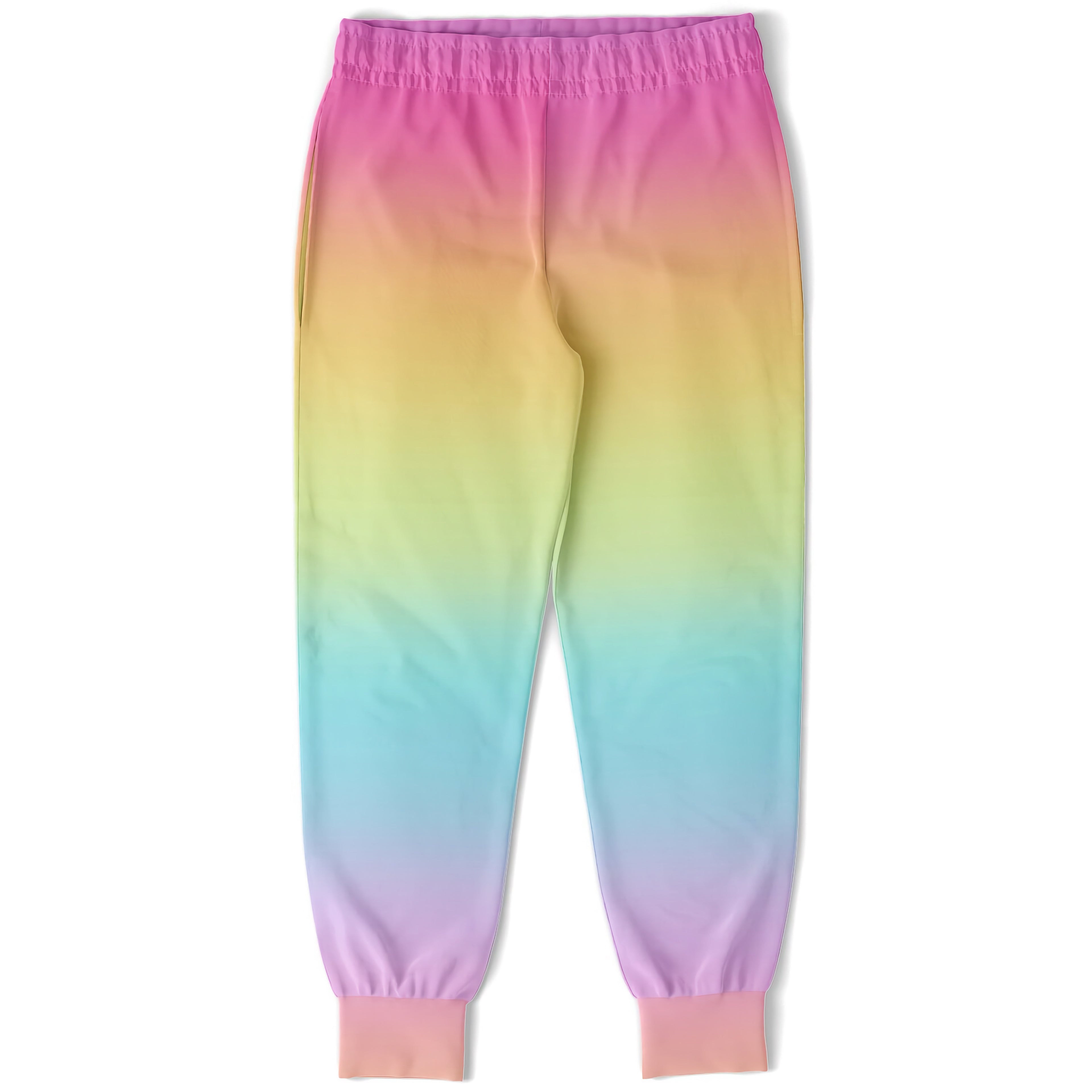 Girls bright rainbow jogger pants featuring soft stretchy fabric elastic waistband and vibrant rainbow gradient design