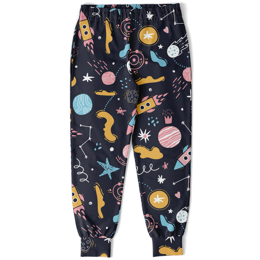 Kids outer space jogger pants in dark blue with playful pastel rockets planets stars and constellations pattern