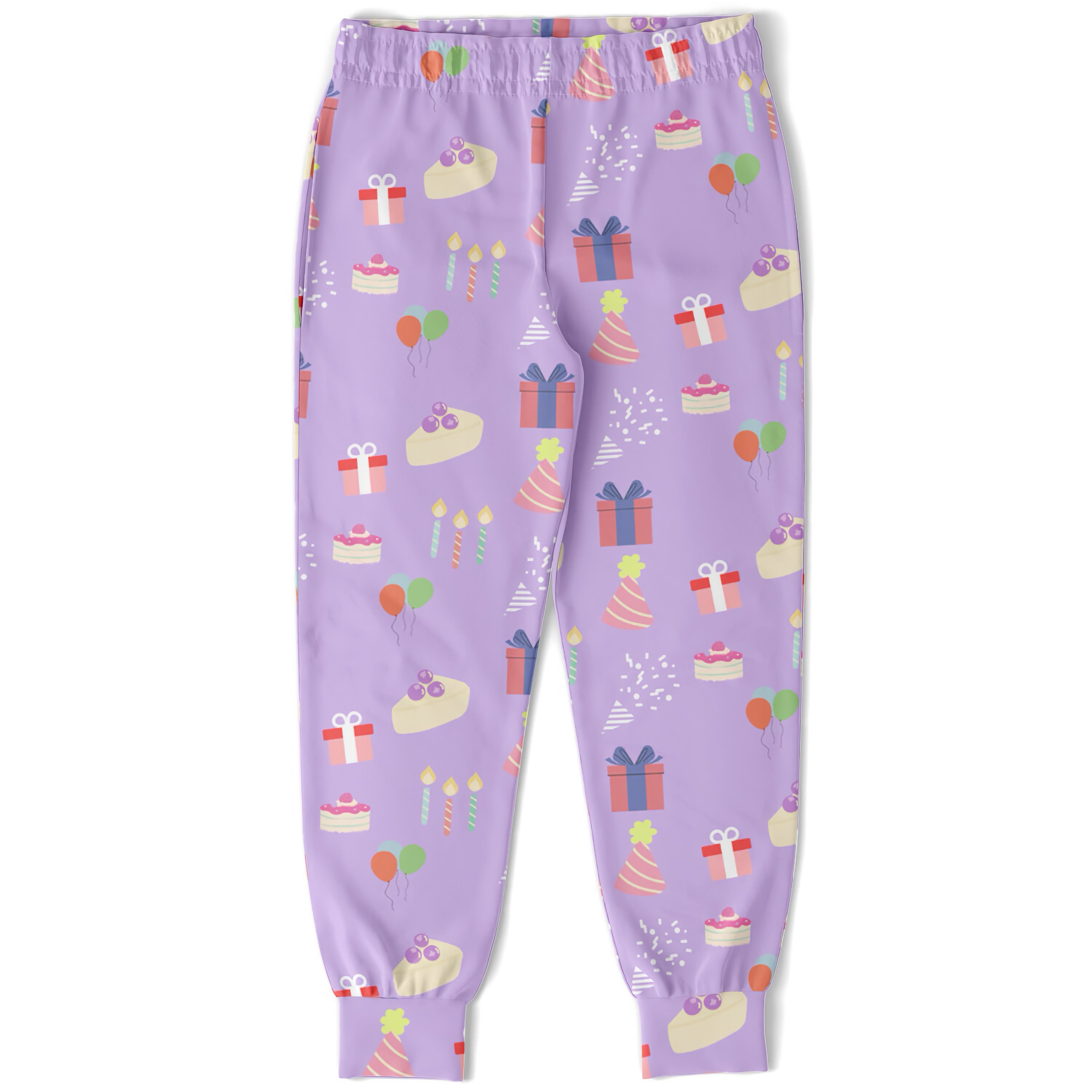 Girls birthday jogger pants in purple with playful pastel birthday cakes gifts balloons and party hats pattern
