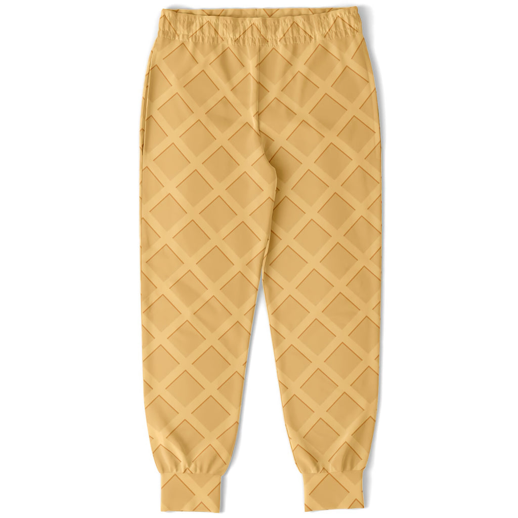 Kids waffle cone jogger pants in golden waffle pattern with soft stretchy fabric and elastic waistband