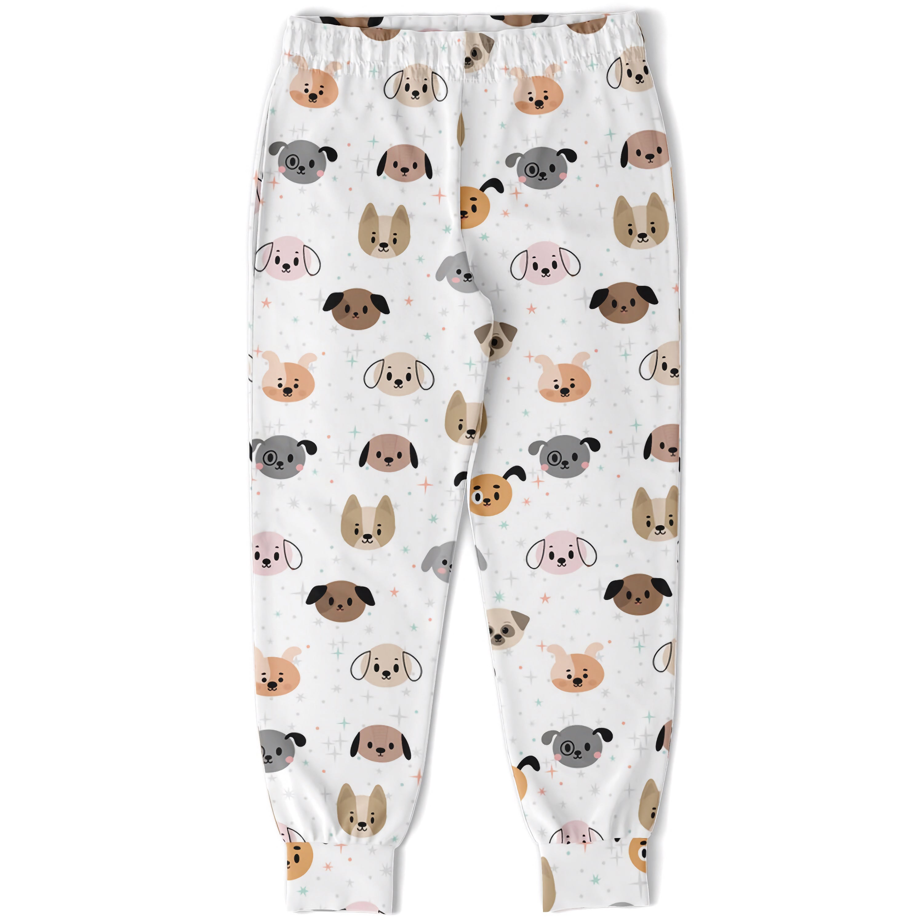 White kids jogger pants with playful multicolor cartoon dog faces printed on soft fabric for everyday wear