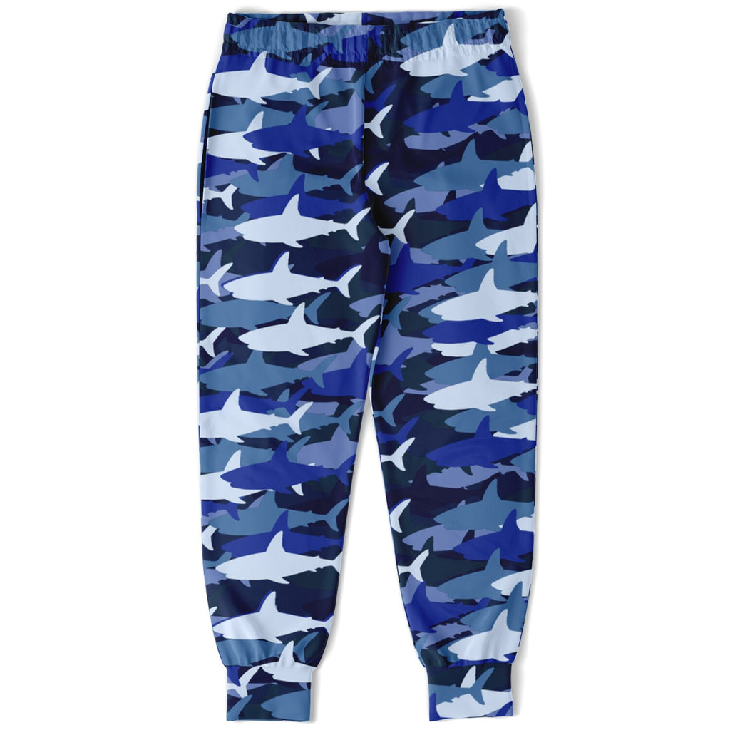 Kids blue shark jogger pants featuring blue and white shark camouflage pattern and comfortable cotton fabric
