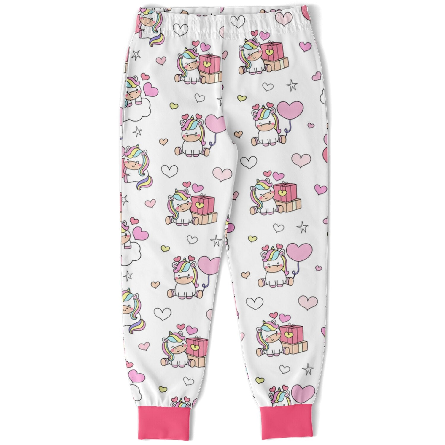 White girls unicorn birthday jogger pants with playful pink rainbow gift pattern and bright pink cuffs