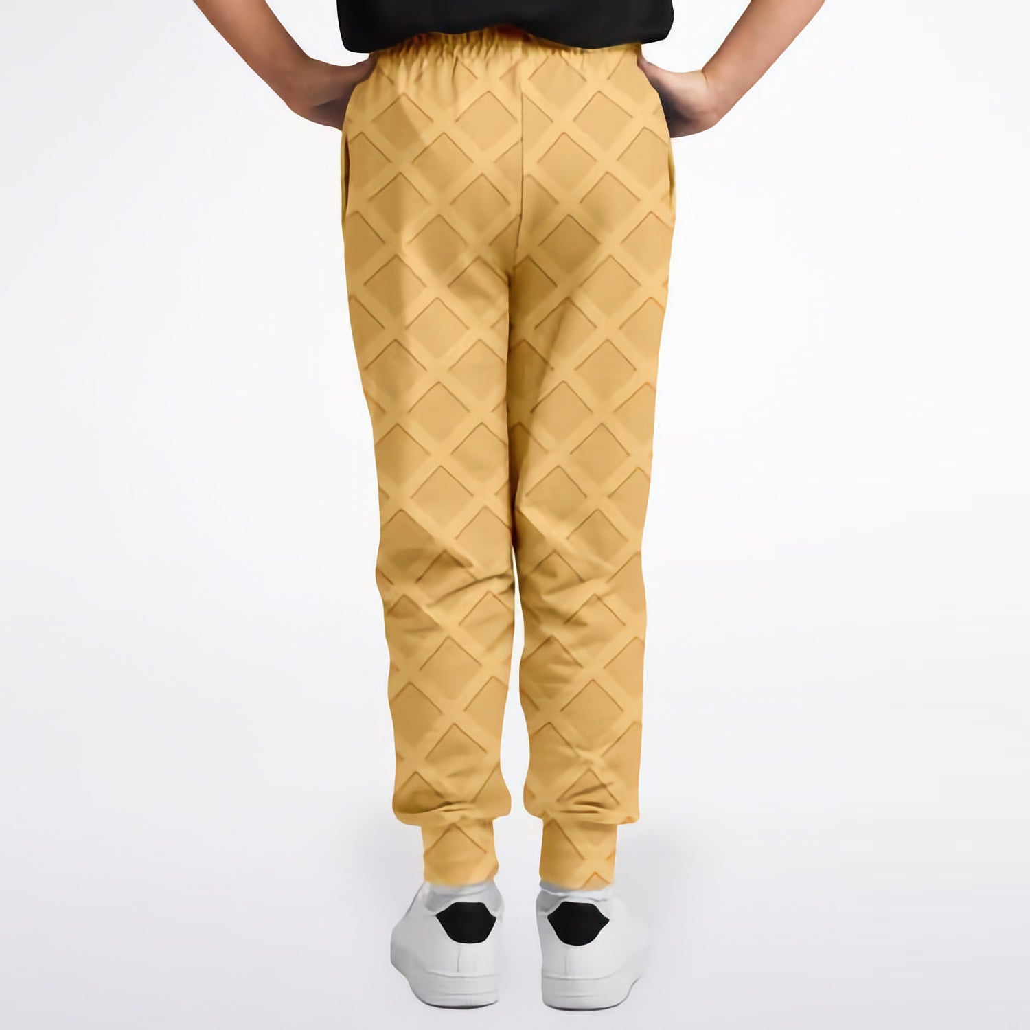 Kids waffle cone jogger pants in yellow with ice cream cone pattern and diamond grid waffle texture