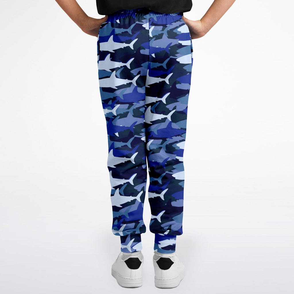 Kids blue shark jogger pants with blue and white shark camouflage pattern perfect for comfortable playwear
