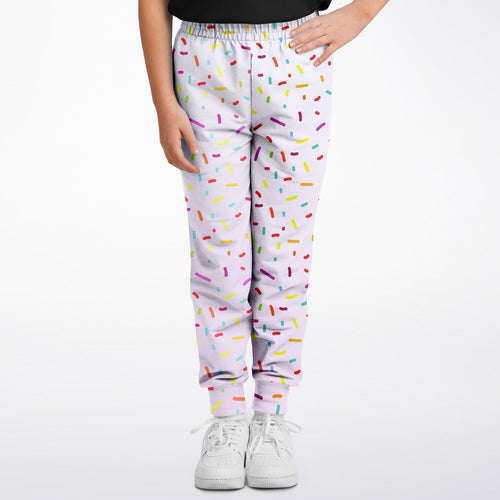Light purple girls jogger pants with multicolored sprinkle pattern ideal for casual and playful wear