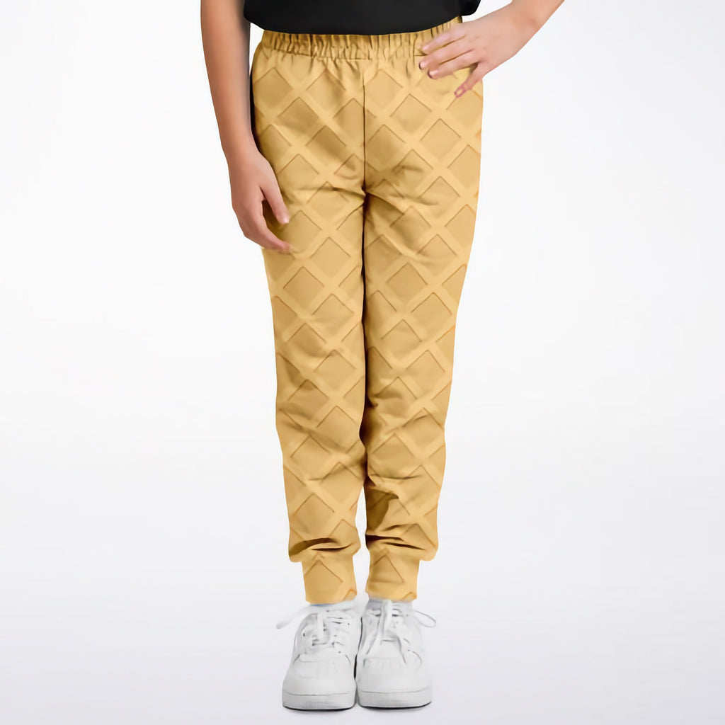 Golden-yellow kids waffle cone jogger pants with quilted diamond pattern and elastic waistband
