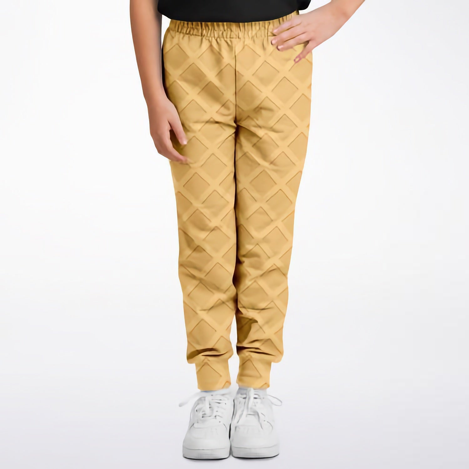 Golden-yellow kids waffle cone jogger pants with quilted diamond pattern and elastic waistband