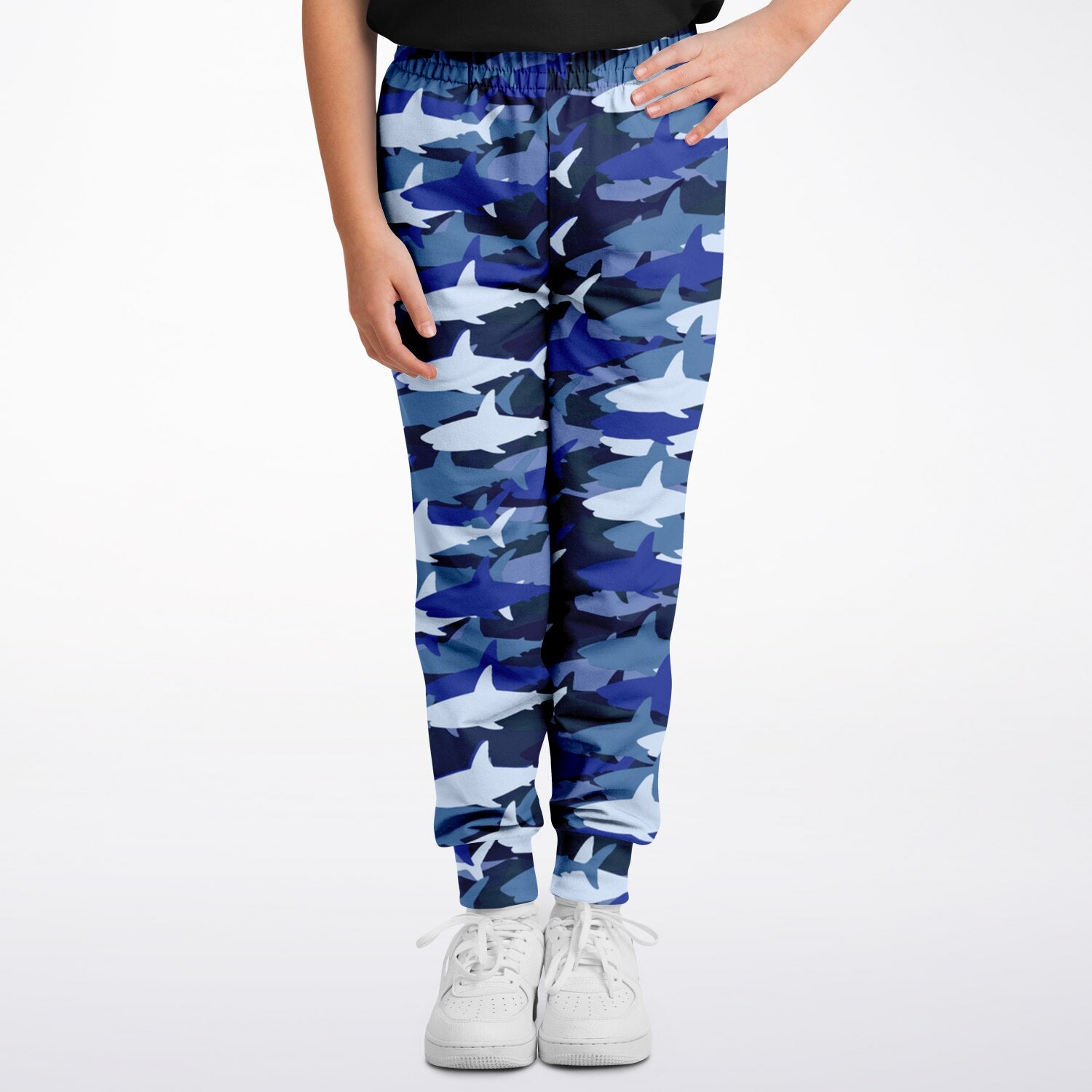 Kids blue shark jogger pants with blue and white shark camouflage pattern made of soft cotton blend