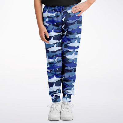 Kids blue shark jogger pants with blue and white shark camouflage pattern made of soft cotton blend