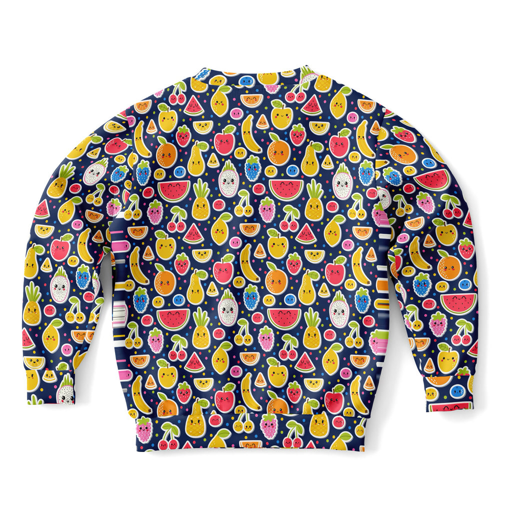Girls emoji fruit sweatshirt in navy blue cotton fleece with playful cartoon fruit prints for cozy casual wear