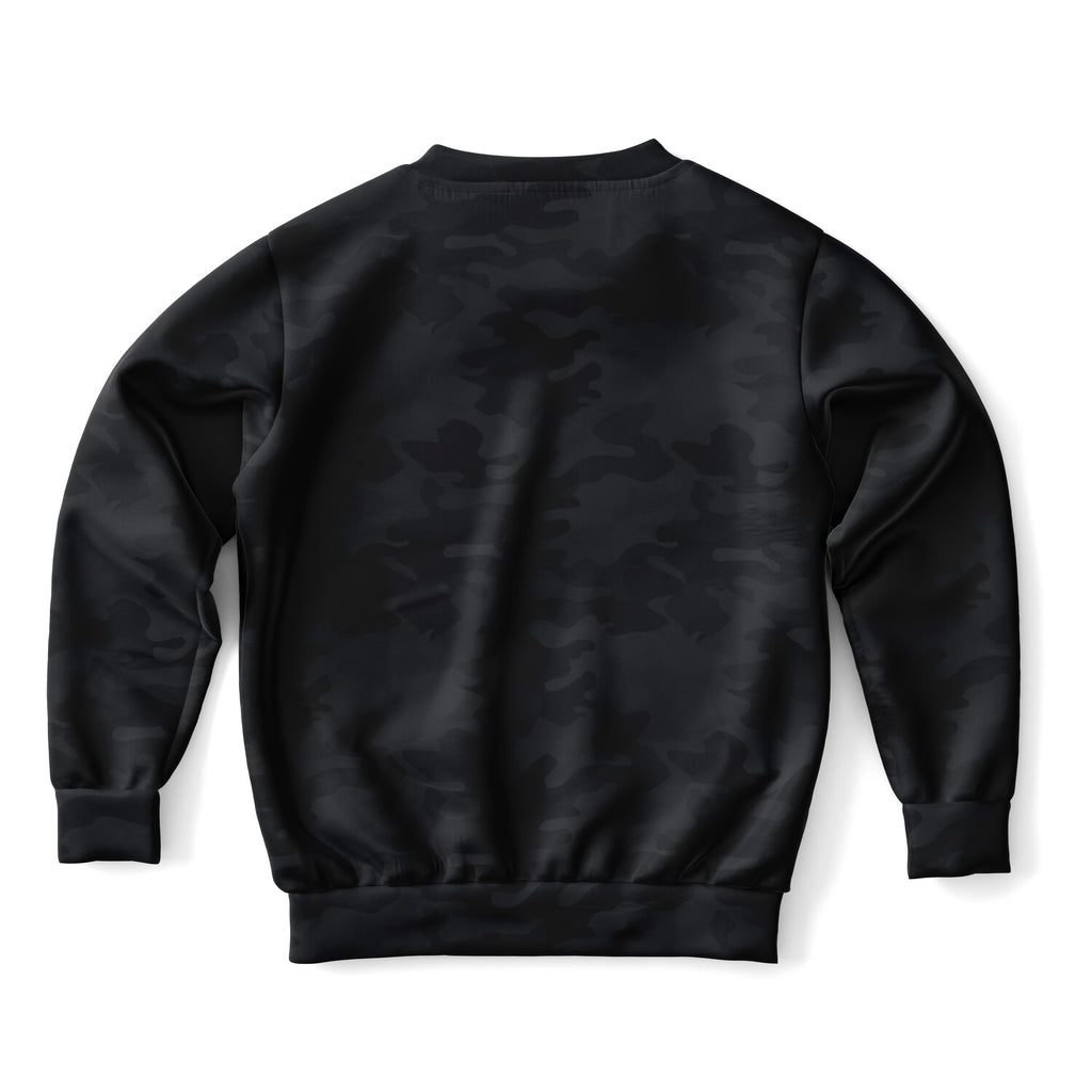 Kids black camouflage sweatshirt with soft smooth cotton fleece fabric for cozy warmth and lightweight sports use