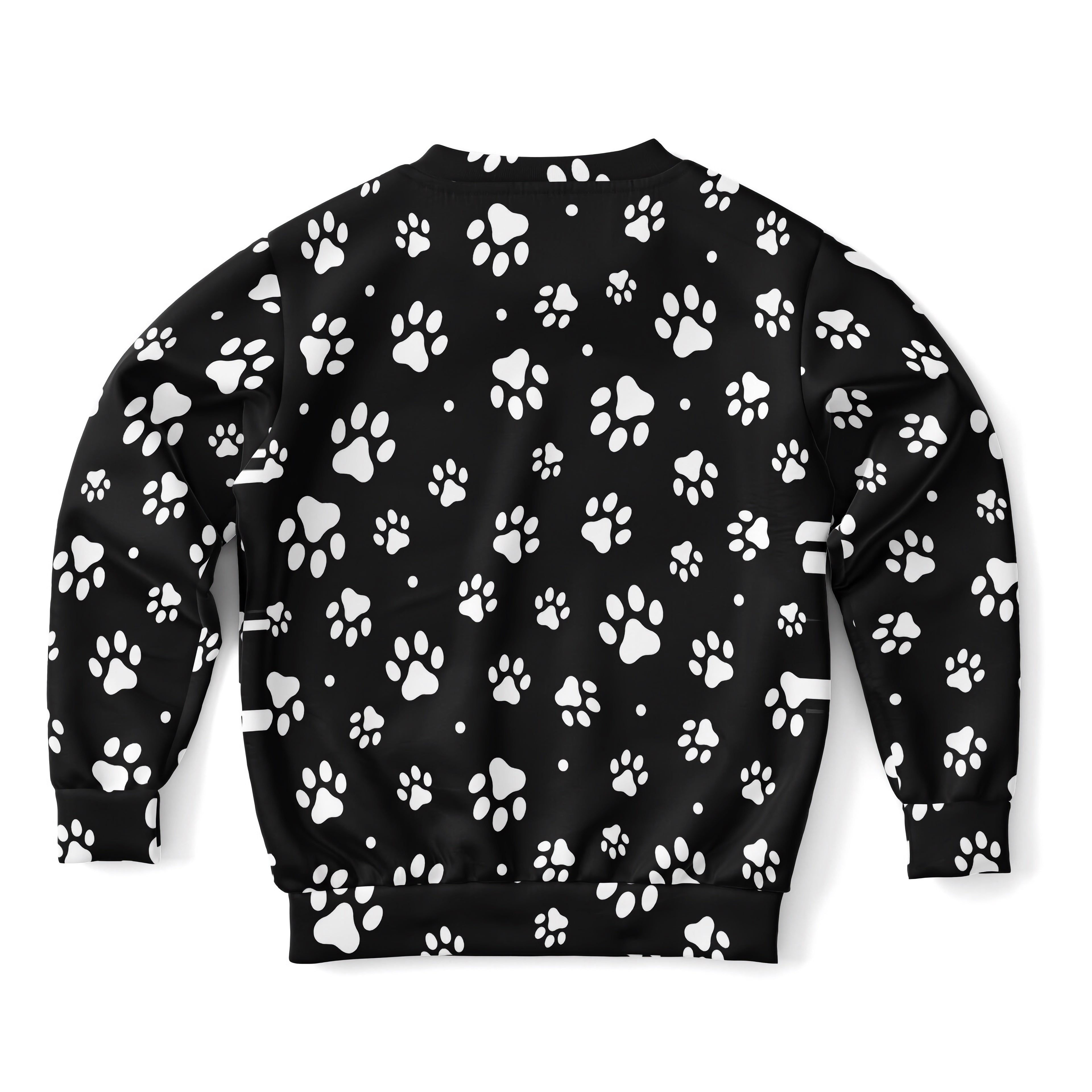 Black kids sweatshirt with white paw print pattern made of cozy cotton fleece or lightweight sports fabric