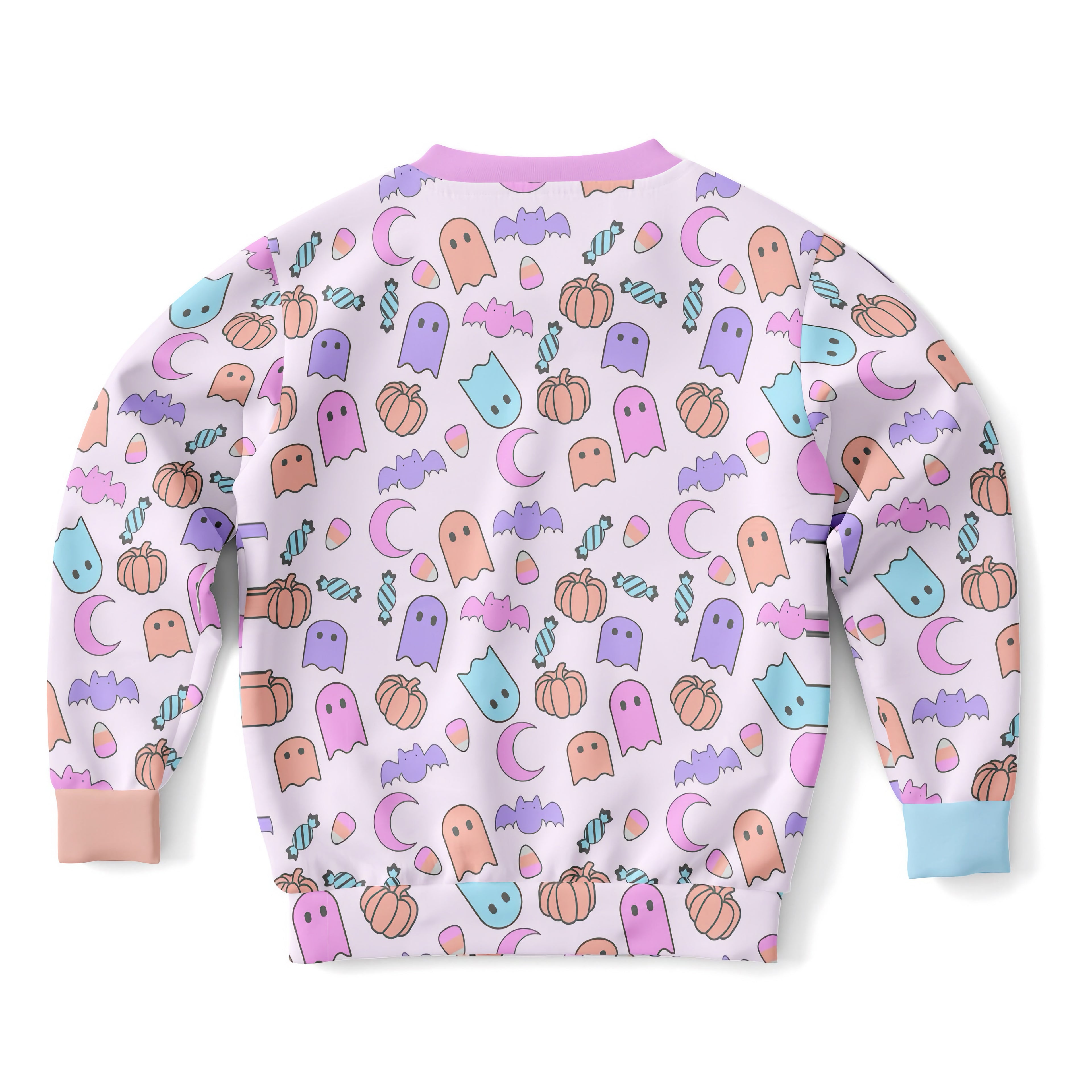 Girls ghost Halloween sweatshirt in pastel colors with playful ghost pumpkin bat and candy pattern on lavender cotton fleece