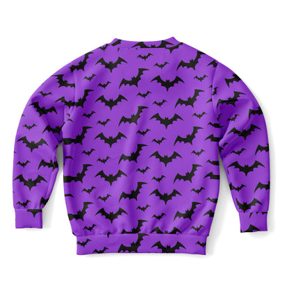 Kids Purple Bats Halloween Sweatshirt – Cozy Cotton Fleece or Lightweight Sports Fabric