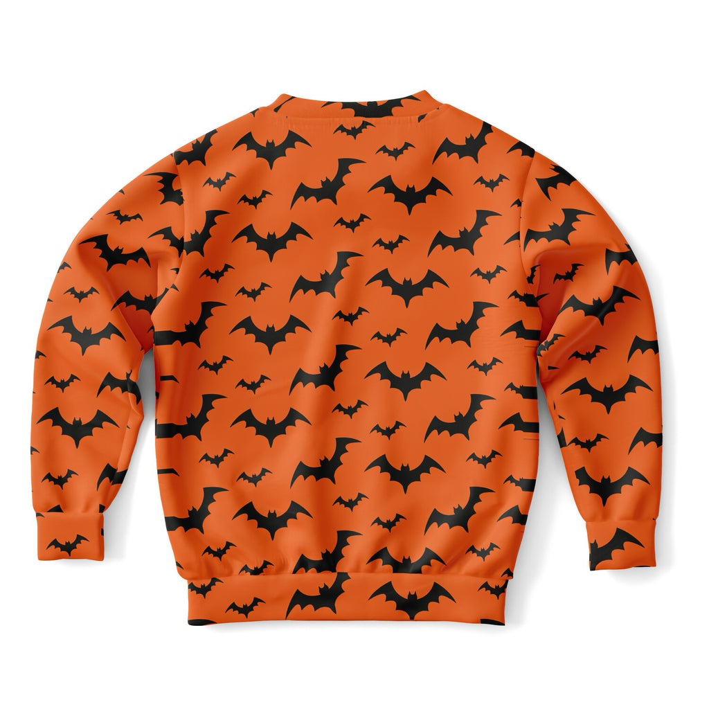 Kids orange bats Halloween sweatshirt in cozy cotton fleece with black bat patterns perfect for festive wear