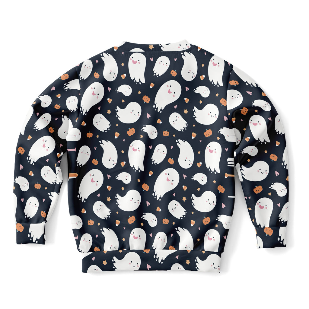 Black kids ghost halloween sweatshirt with playful white ghosts orange pumpkins and stars in cozy cotton fleece
