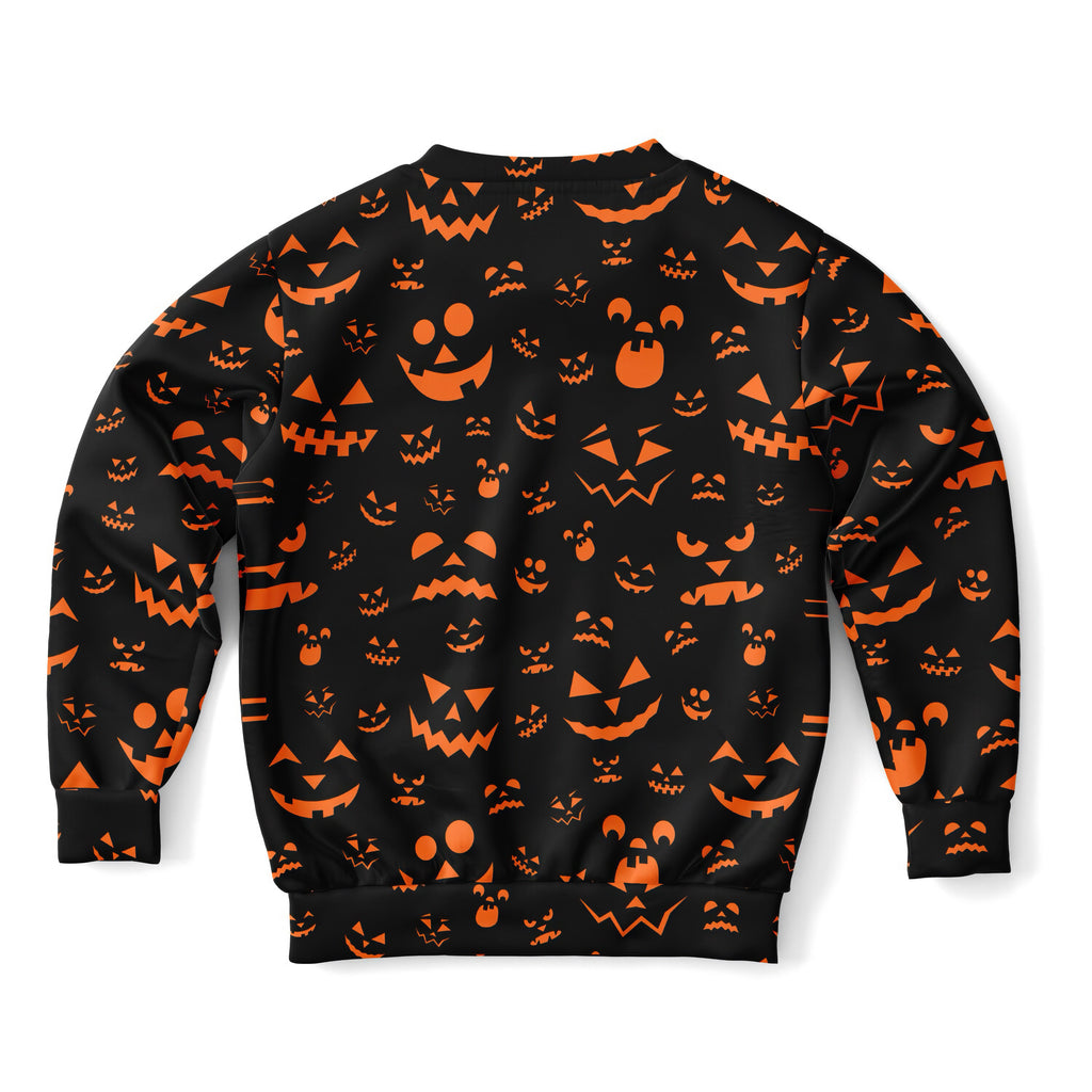 Kids jack-o’-lantern halloween sweatshirt in black cotton fleece with orange pumpkin face pattern all over
