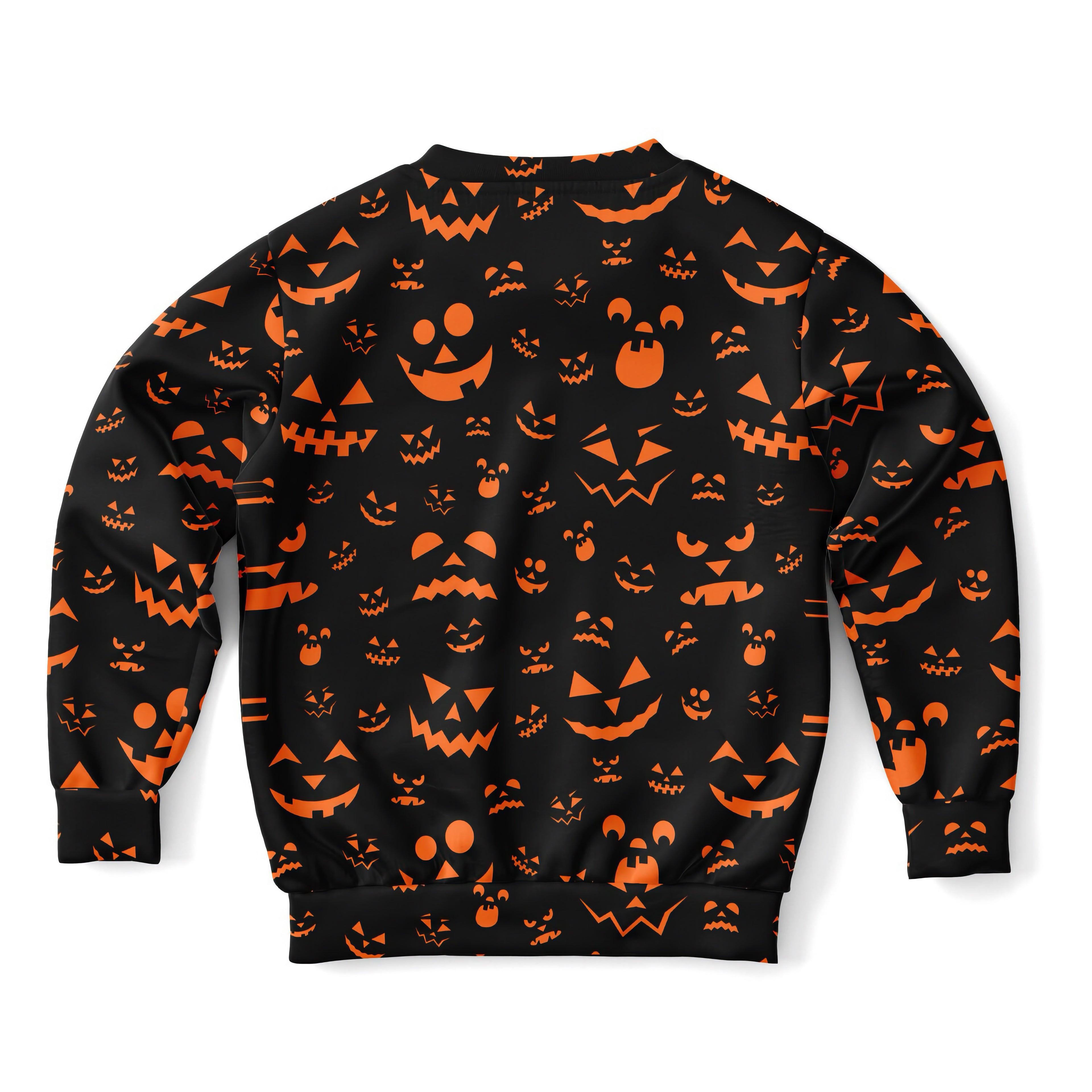 Kids jack-o’-lantern halloween sweatshirt in black cotton fleece with orange pumpkin face pattern all over