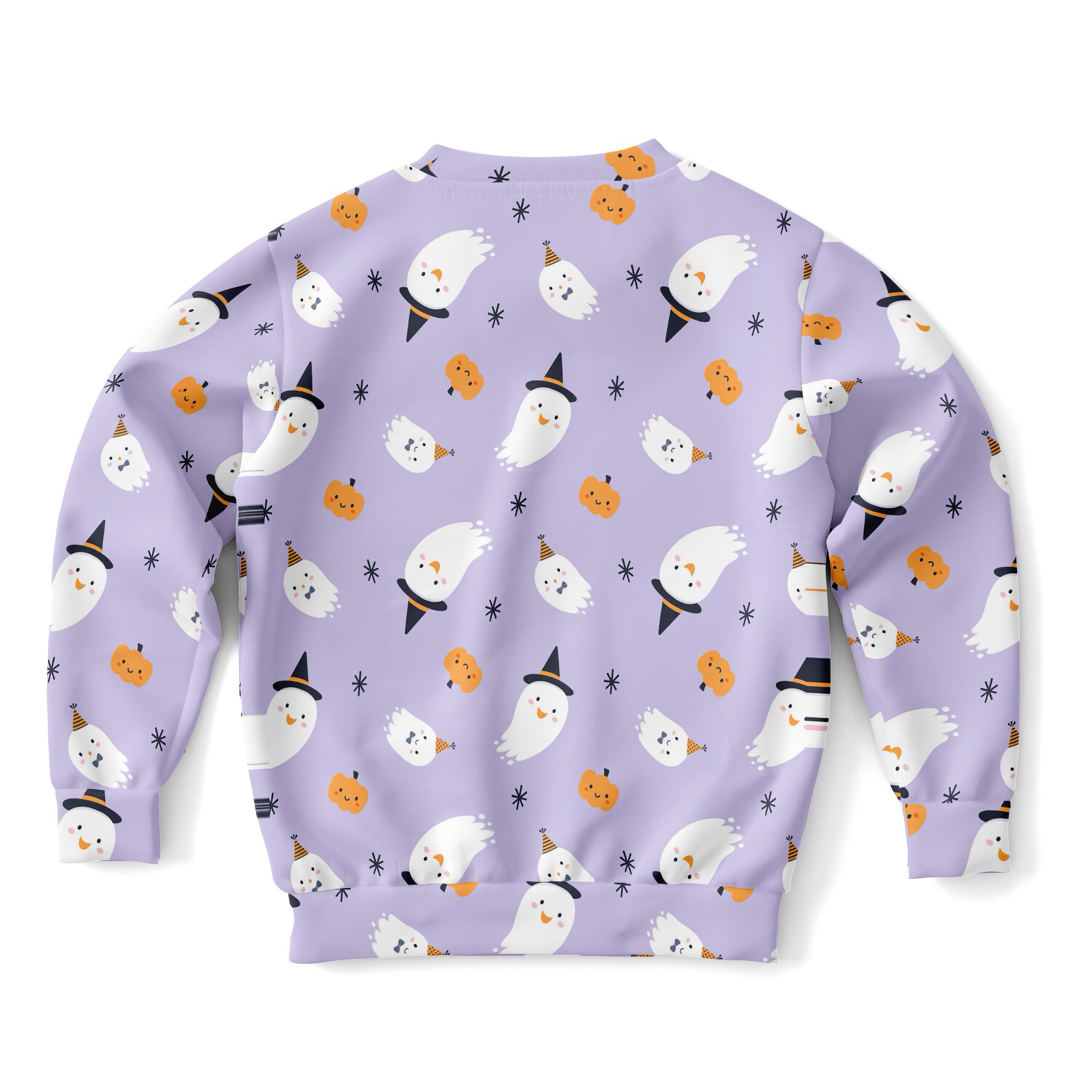 Girls witch ghost Halloween sweatshirt in lavender cotton fleece with white ghosts and orange pumpkins pattern