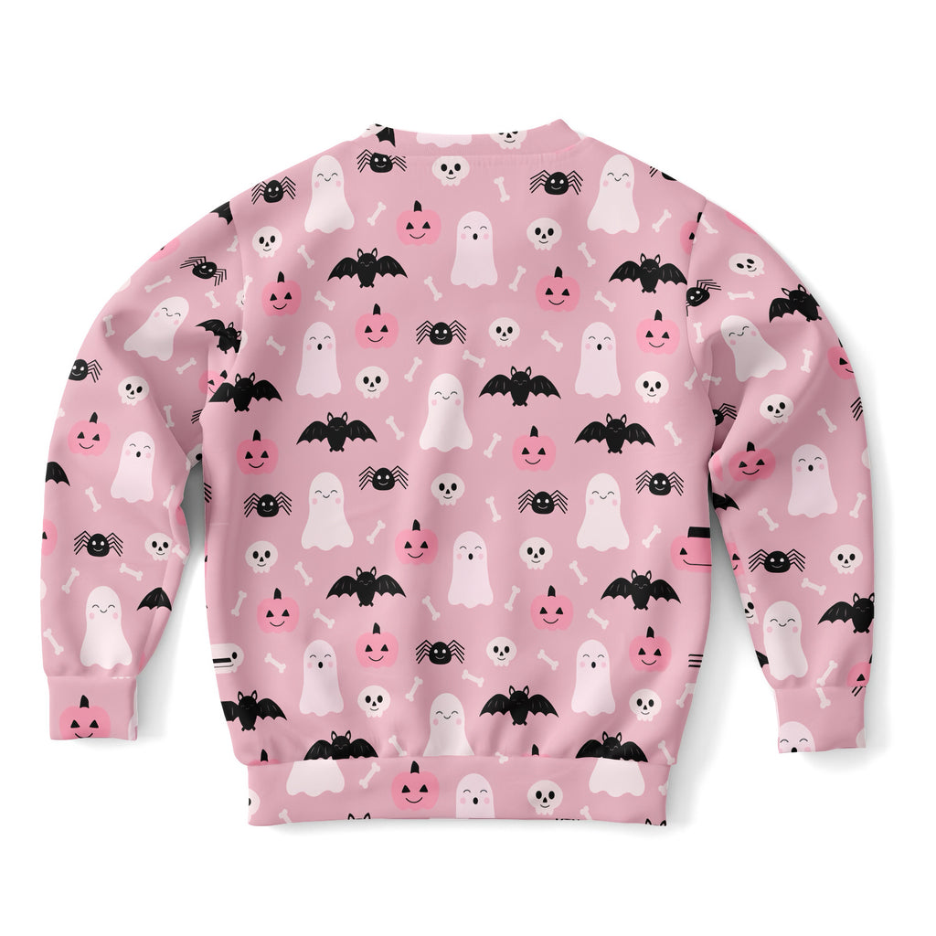 Girls cute ghost and bats pink halloween sweatshirt with playful white ghosts black bats pumpkins and spiders on soft cotton fleece