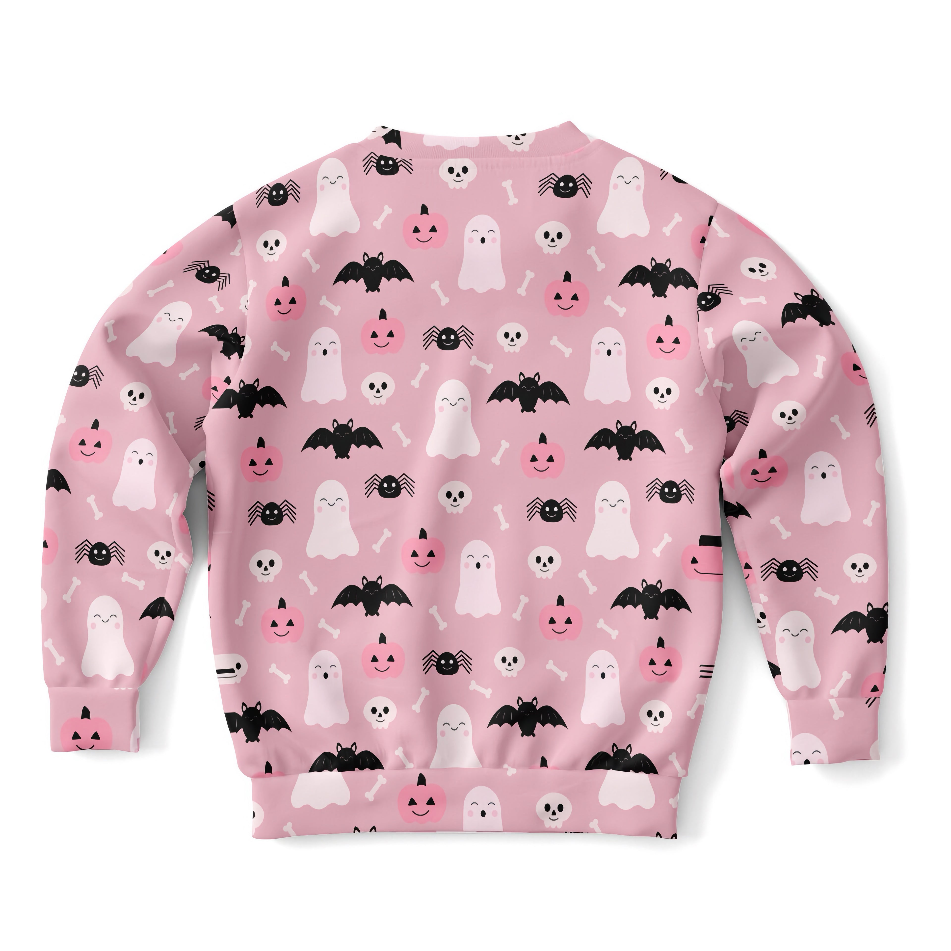 Girls cute ghost and bats pink halloween sweatshirt with playful white ghosts black bats pumpkins and spiders on soft cotton fleece